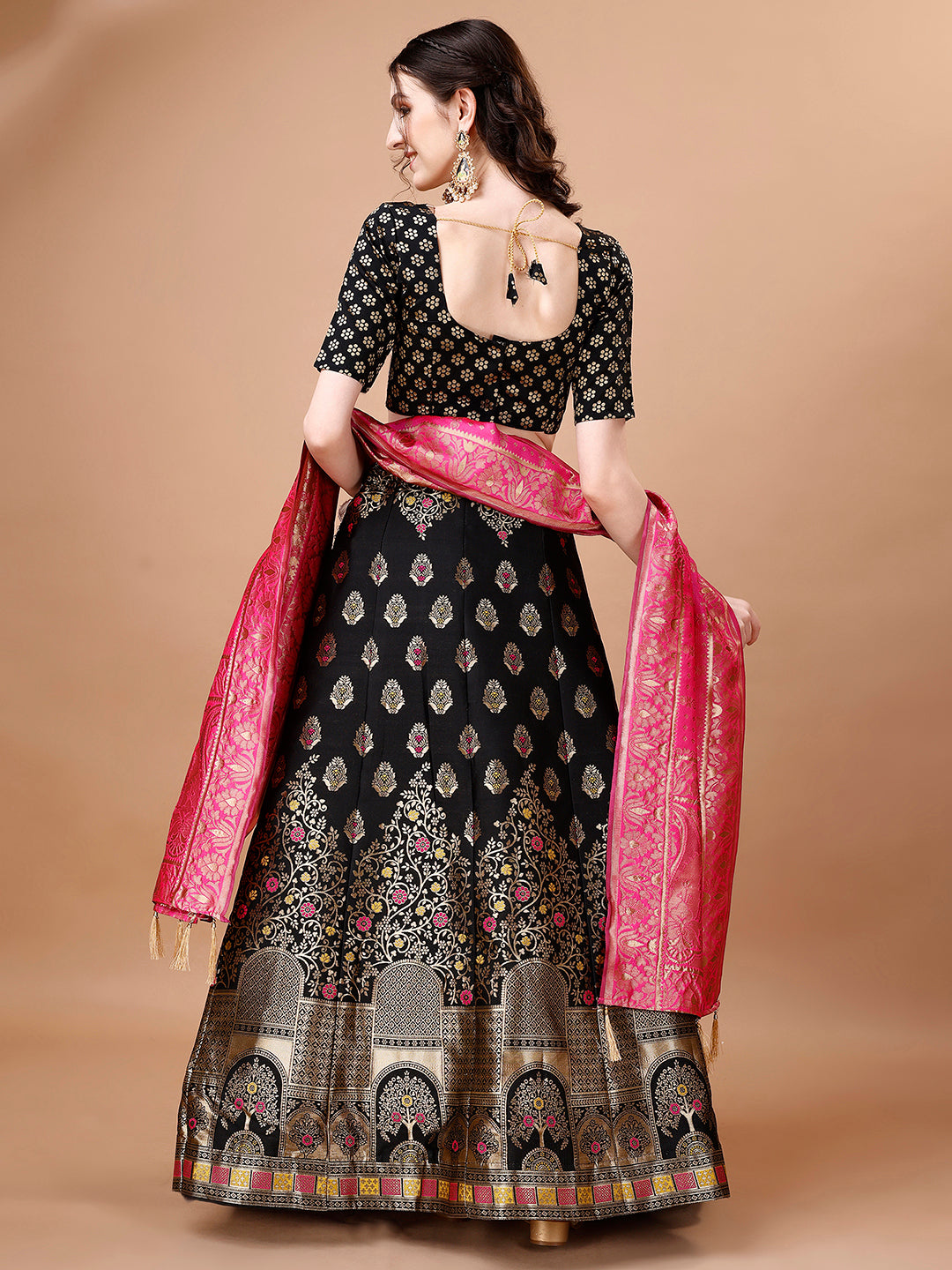 Lorenvalley Fashion Black & Pink Semi-Stitched Lehenga & Unstitched Blouse With Dupatta - Distacart