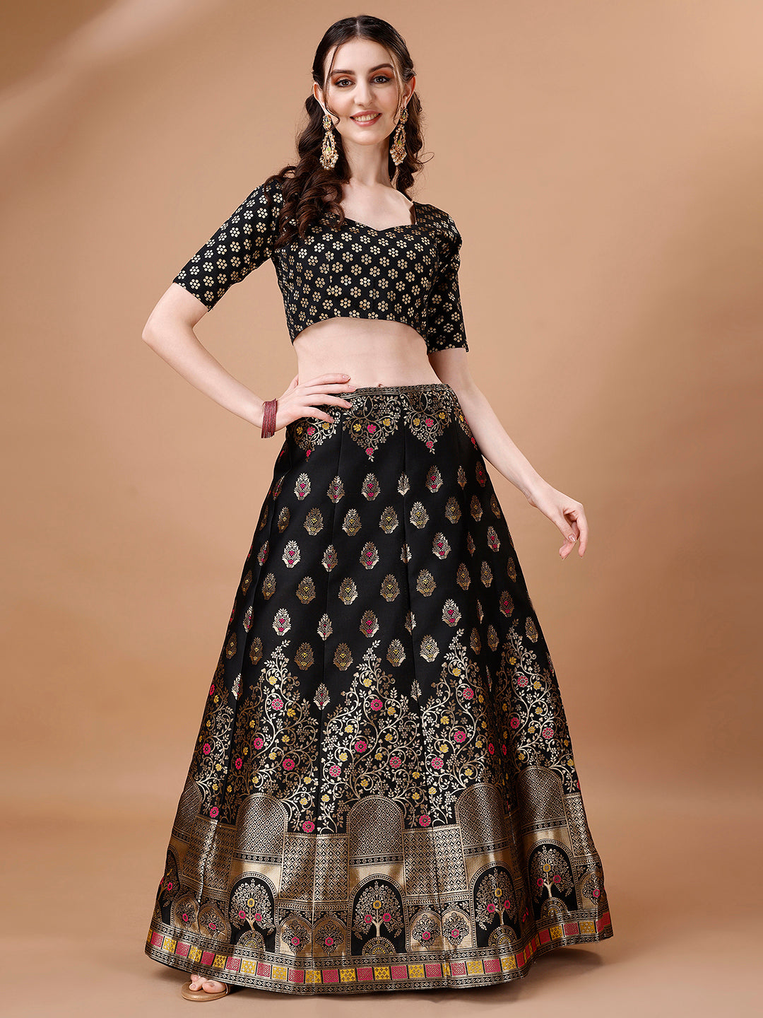 Lorenvalley Fashion Black & Pink Semi-Stitched Lehenga & Unstitched Blouse With Dupatta - Distacart