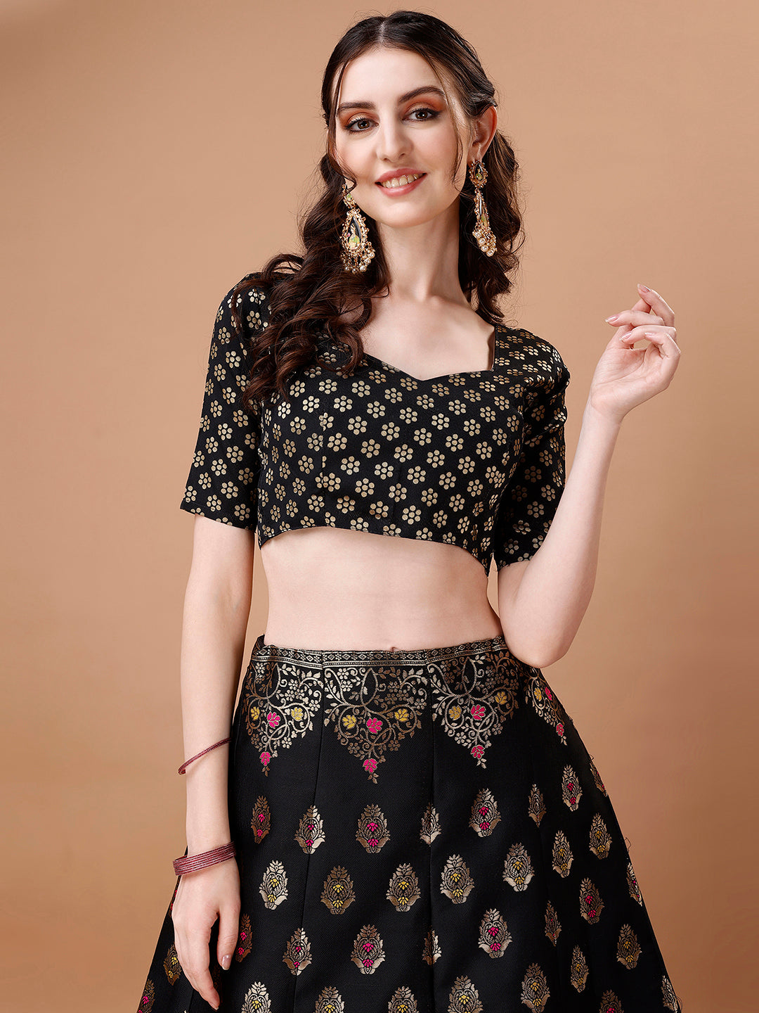 Lorenvalley Fashion Black & Pink Semi-Stitched Lehenga & Unstitched Blouse With Dupatta - Distacart