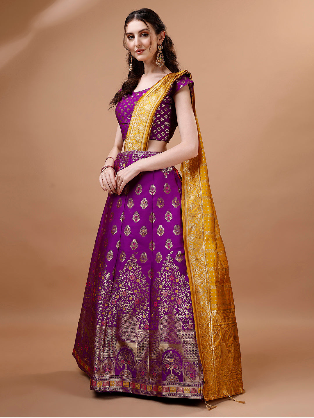 Lorenvalley Fashion Purple & Mustard Semi-Stitched Lehenga & Unstitched Blouse With Dupatta - Distacart