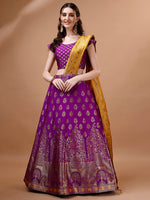 Thumbnail for Lorenvalley Fashion Purple & Mustard Semi-Stitched Lehenga & Unstitched Blouse With Dupatta - Distacart