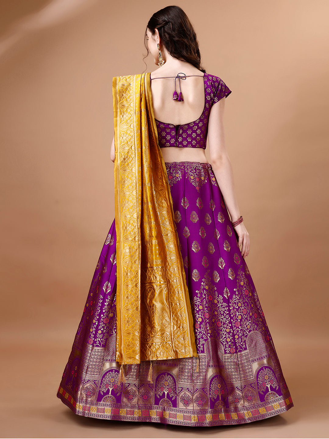 Lorenvalley Fashion Purple & Mustard Semi-Stitched Lehenga & Unstitched Blouse With Dupatta - Distacart