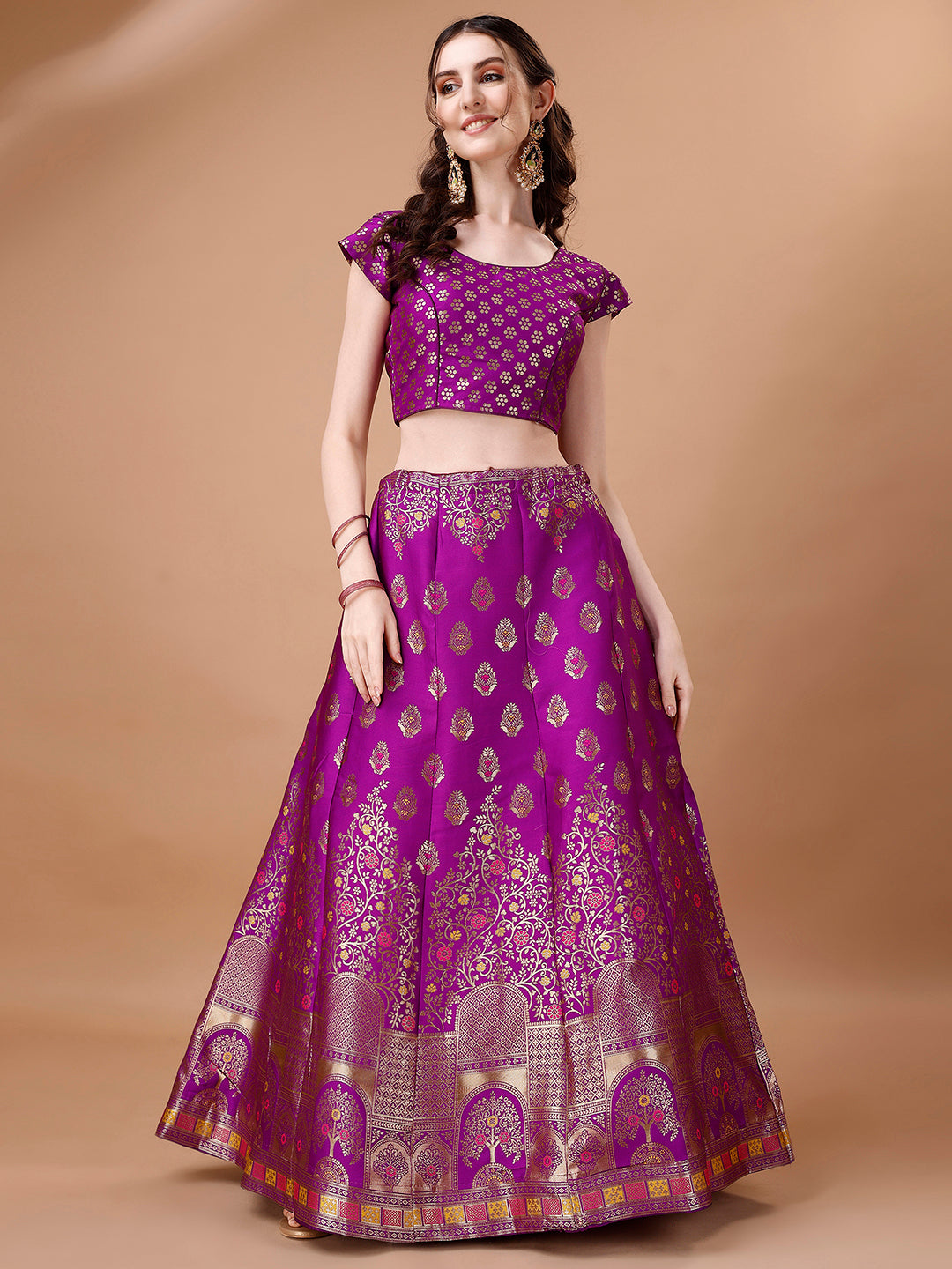 Lorenvalley Fashion Purple & Mustard Semi-Stitched Lehenga & Unstitched Blouse With Dupatta - Distacart