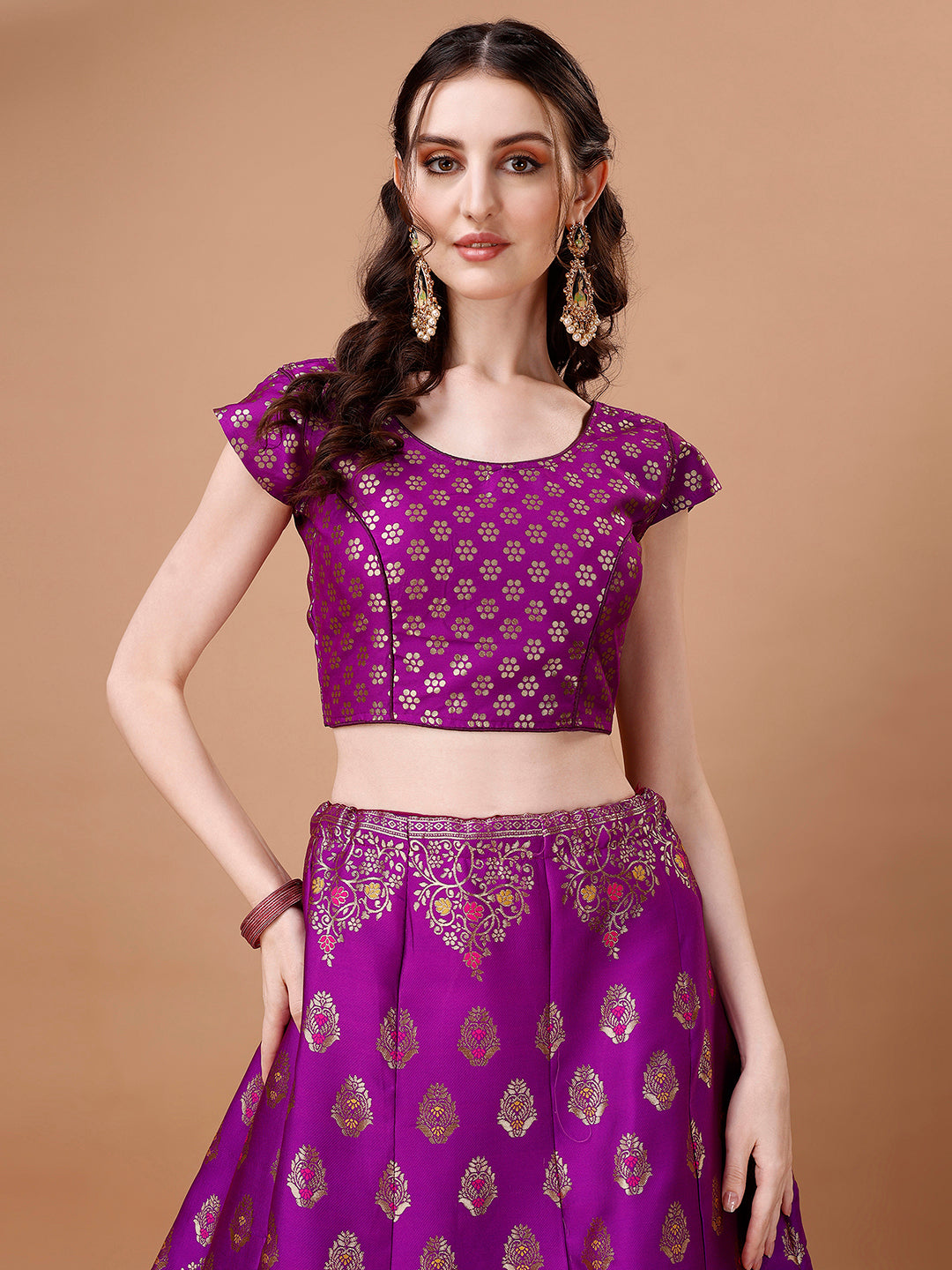 Lorenvalley Fashion Purple & Mustard Semi-Stitched Lehenga & Unstitched Blouse With Dupatta - Distacart