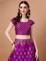 Thumbnail for Lorenvalley Fashion Purple & Mustard Semi-Stitched Lehenga & Unstitched Blouse With Dupatta - Distacart