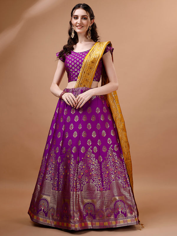 Lorenvalley Fashion Purple & Mustard Semi-Stitched Lehenga & Unstitched Blouse With Dupatta - Distacart