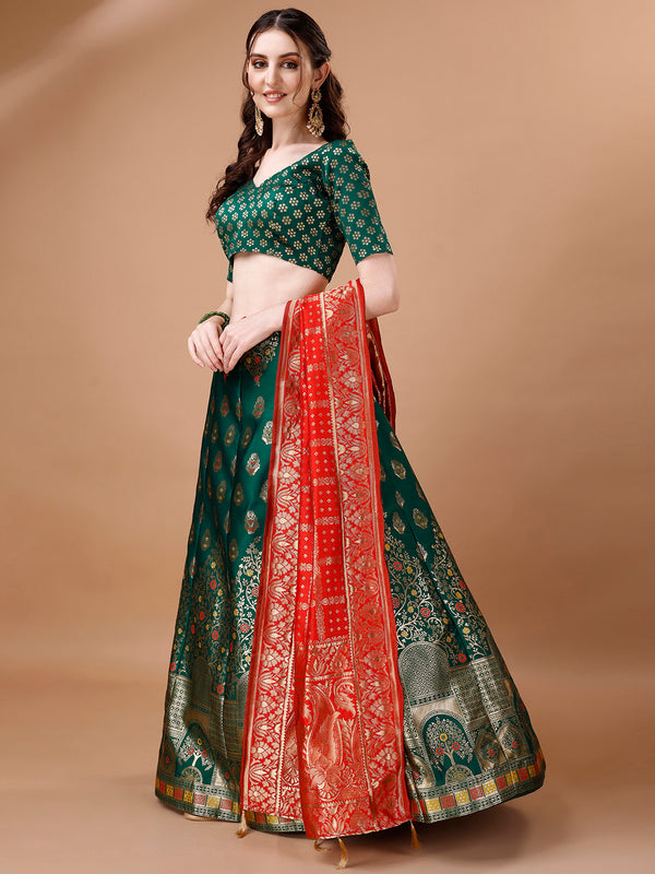 Lorenvalley Fashion Green & Red Semi-Stitched Lehenga & Unstitched Blouse With Dupatta - Distacart