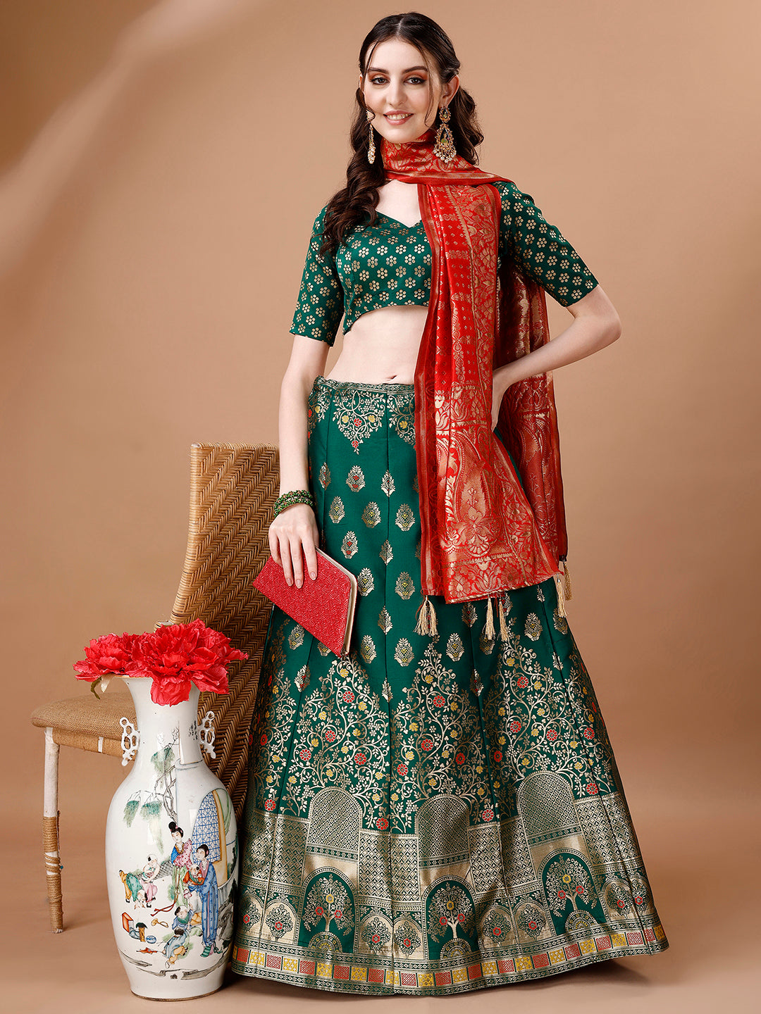 Lorenvalley Fashion Green & Red Semi-Stitched Lehenga & Unstitched Blouse With Dupatta - Distacart