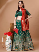 Thumbnail for Lorenvalley Fashion Green & Red Semi-Stitched Lehenga & Unstitched Blouse With Dupatta - Distacart