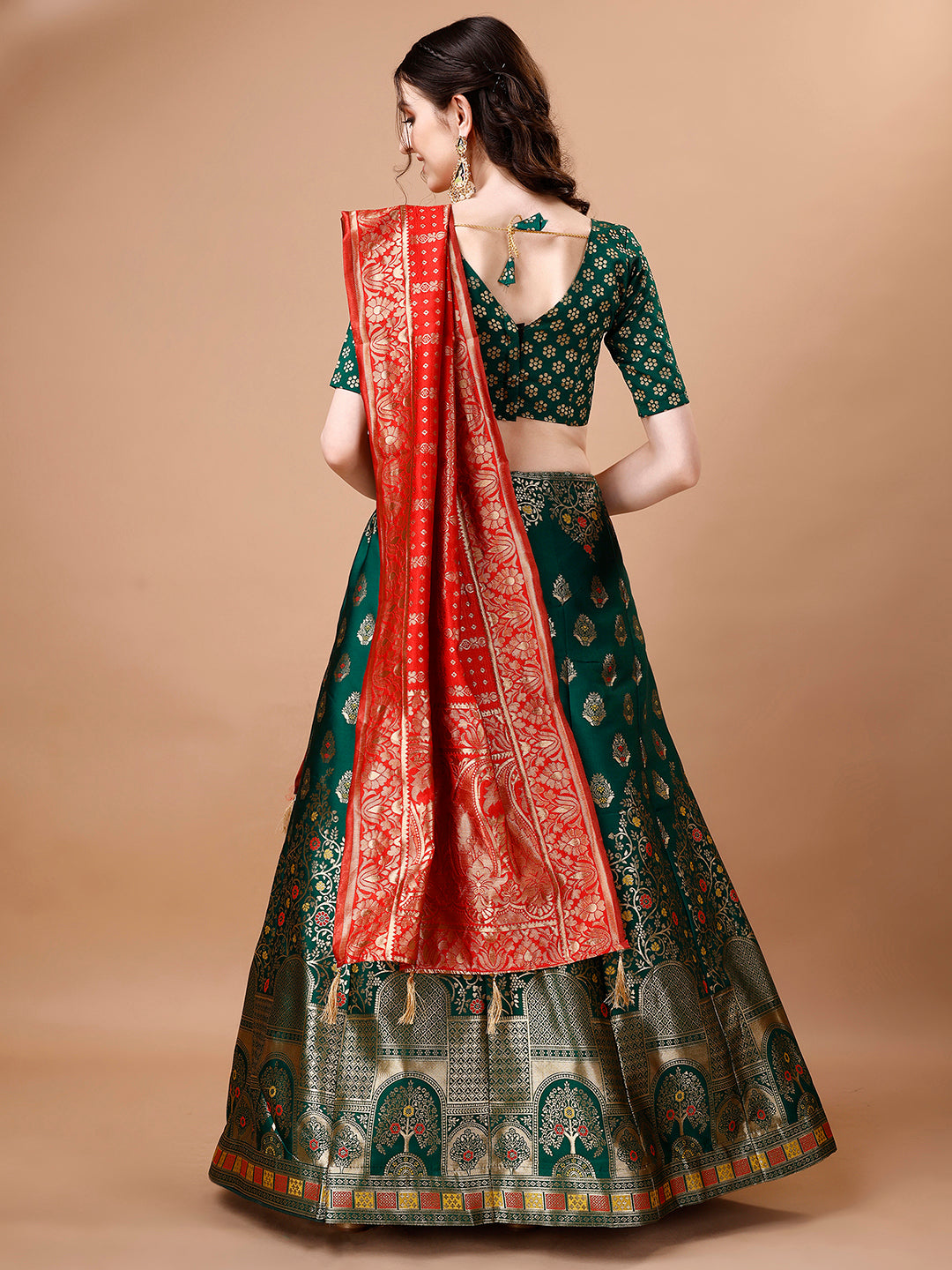 Lorenvalley Fashion Green & Red Semi-Stitched Lehenga & Unstitched Blouse With Dupatta - Distacart