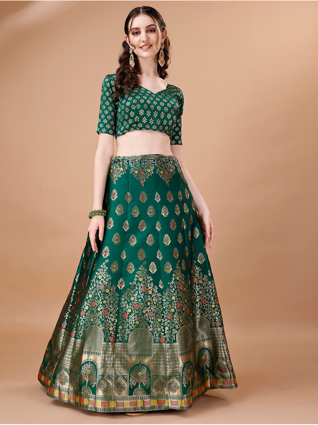 Lorenvalley Fashion Green & Red Semi-Stitched Lehenga & Unstitched Blouse With Dupatta - Distacart