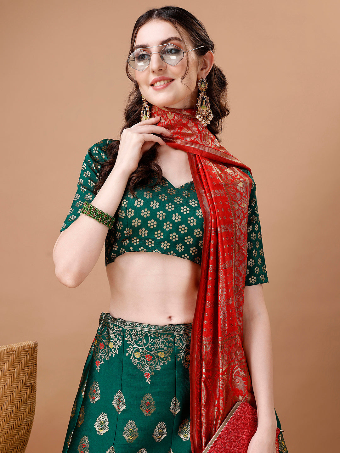 Lorenvalley Fashion Green & Red Semi-Stitched Lehenga & Unstitched Blouse With Dupatta - Distacart