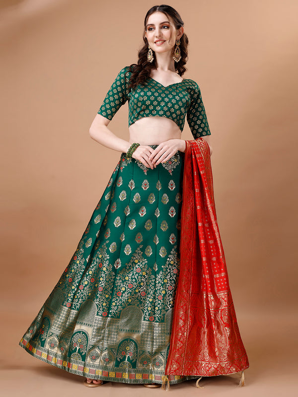 Lorenvalley Fashion Green & Red Semi-Stitched Lehenga & Unstitched Blouse With Dupatta - Distacart