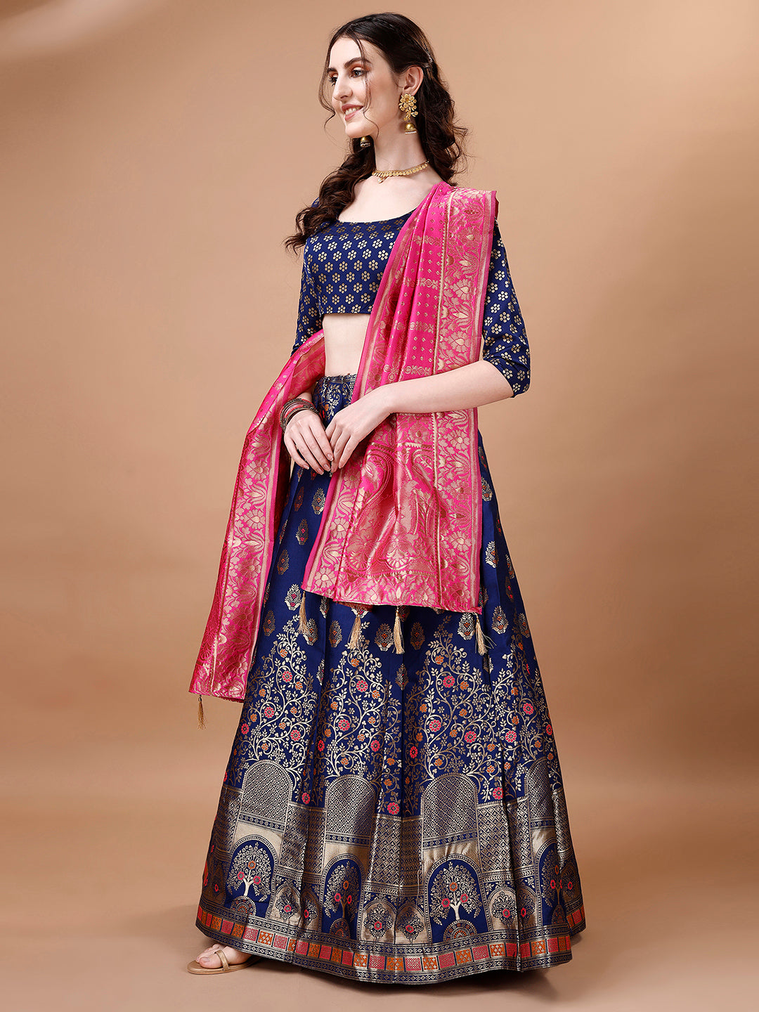 Lorenvalley Fashion Blue & Pink Semi-Stitched Lehenga & Unstitched Blouse With Dupatta - Distacart