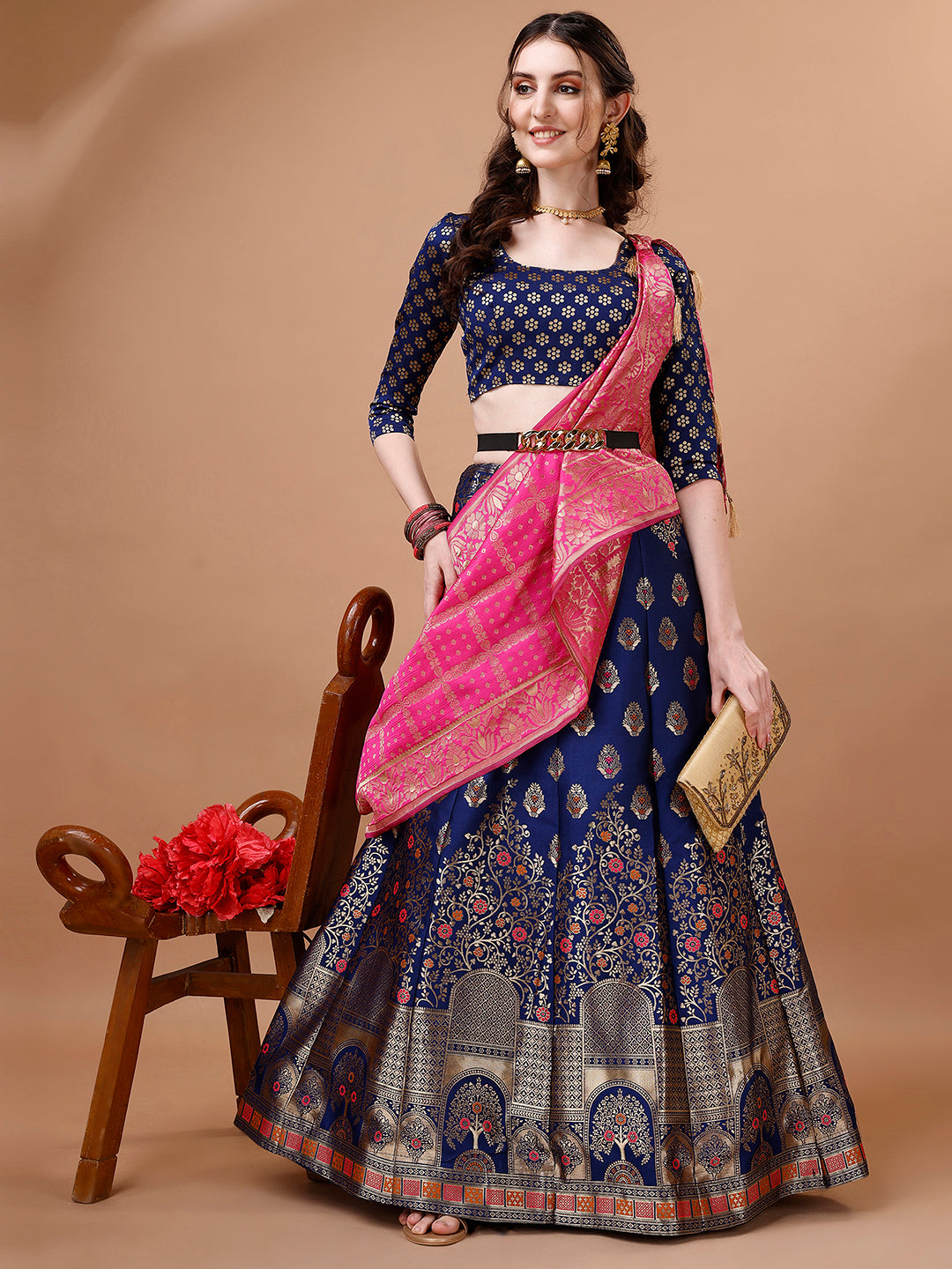 Lorenvalley Fashion Blue & Pink Semi-Stitched Lehenga & Unstitched Blouse With Dupatta - Distacart
