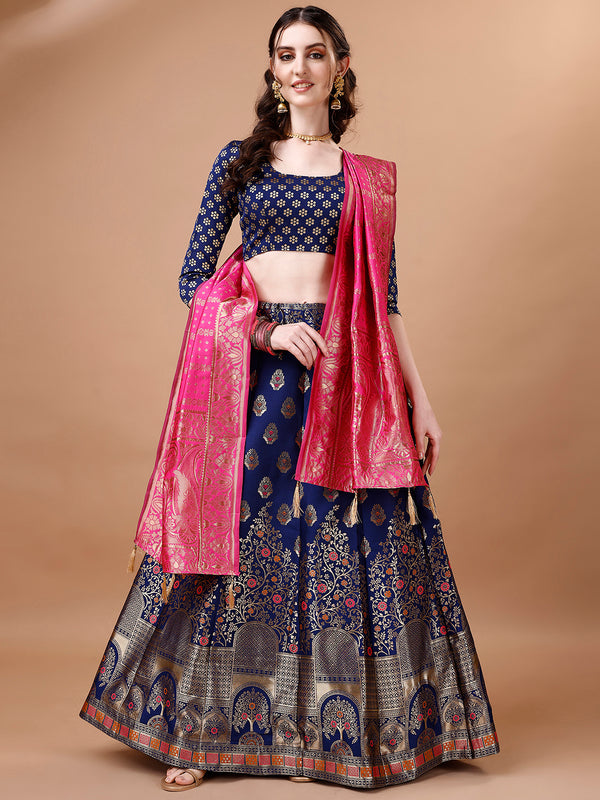 Lorenvalley Fashion Blue & Pink Semi-Stitched Lehenga & Unstitched Blouse With Dupatta - Distacart