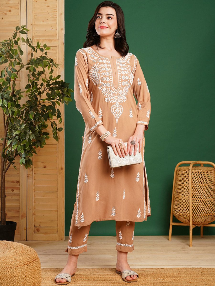 ADA Ethnic Motifs Embroidered Chikankari Kurta with Trousers - Distacart