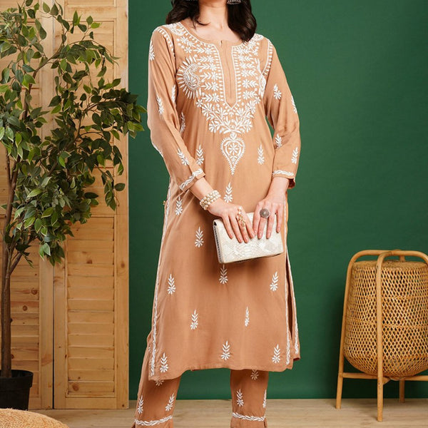 ADA Ethnic Motifs Embroidered Chikankari Kurta with Trousers - Distacart