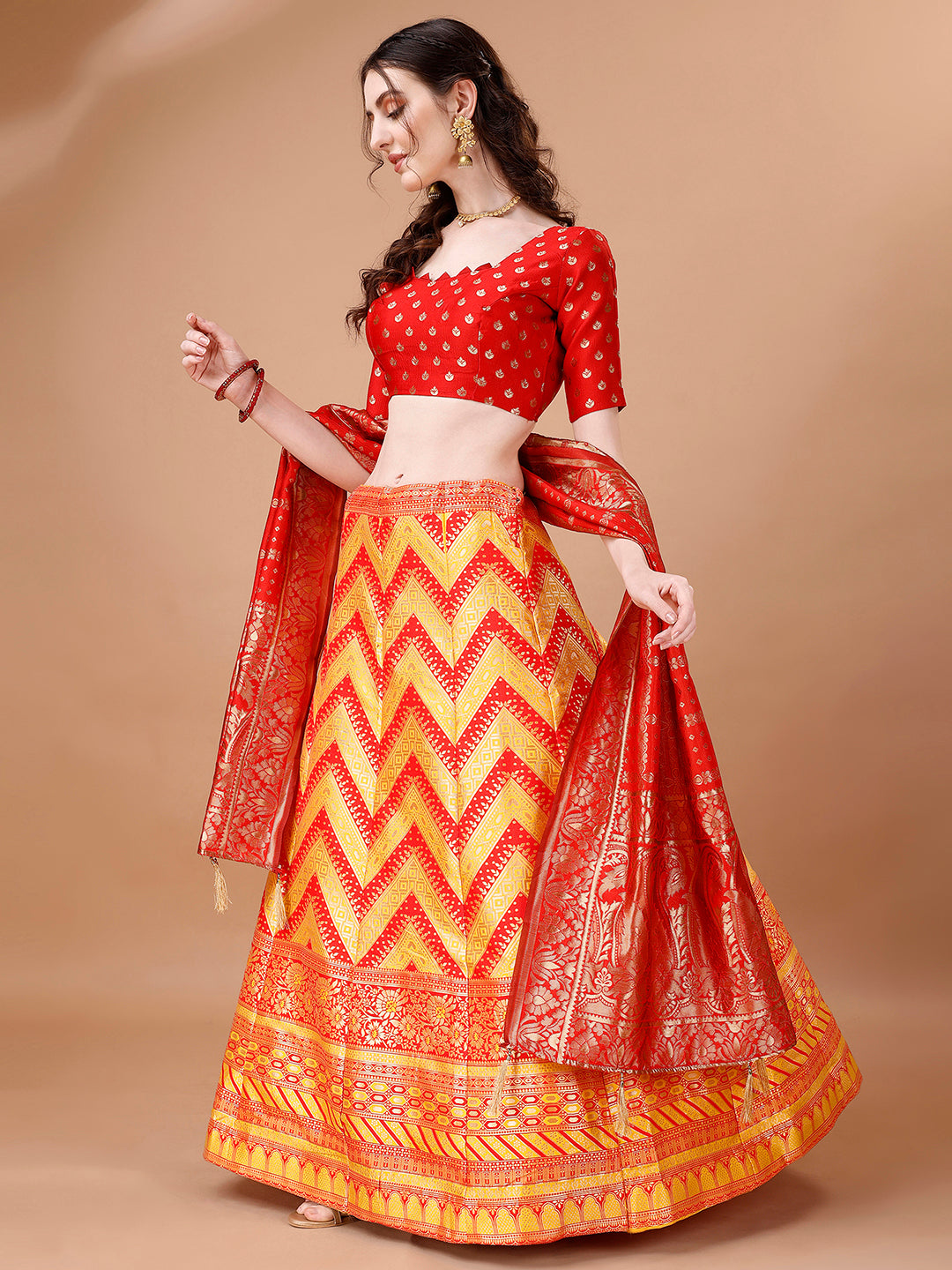Lorenvalley Fashion Yellow & Red Semi-Stitched Lehenga & Unstitched Blouse With Dupatta - Distacart