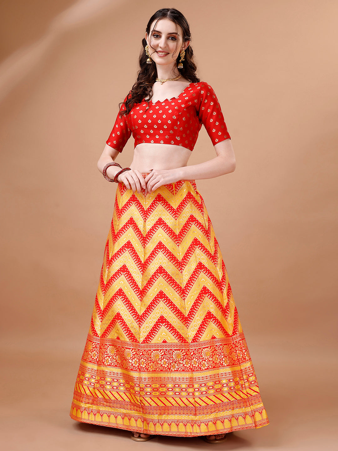 Lorenvalley Fashion Yellow & Red Semi-Stitched Lehenga & Unstitched Blouse With Dupatta - Distacart
