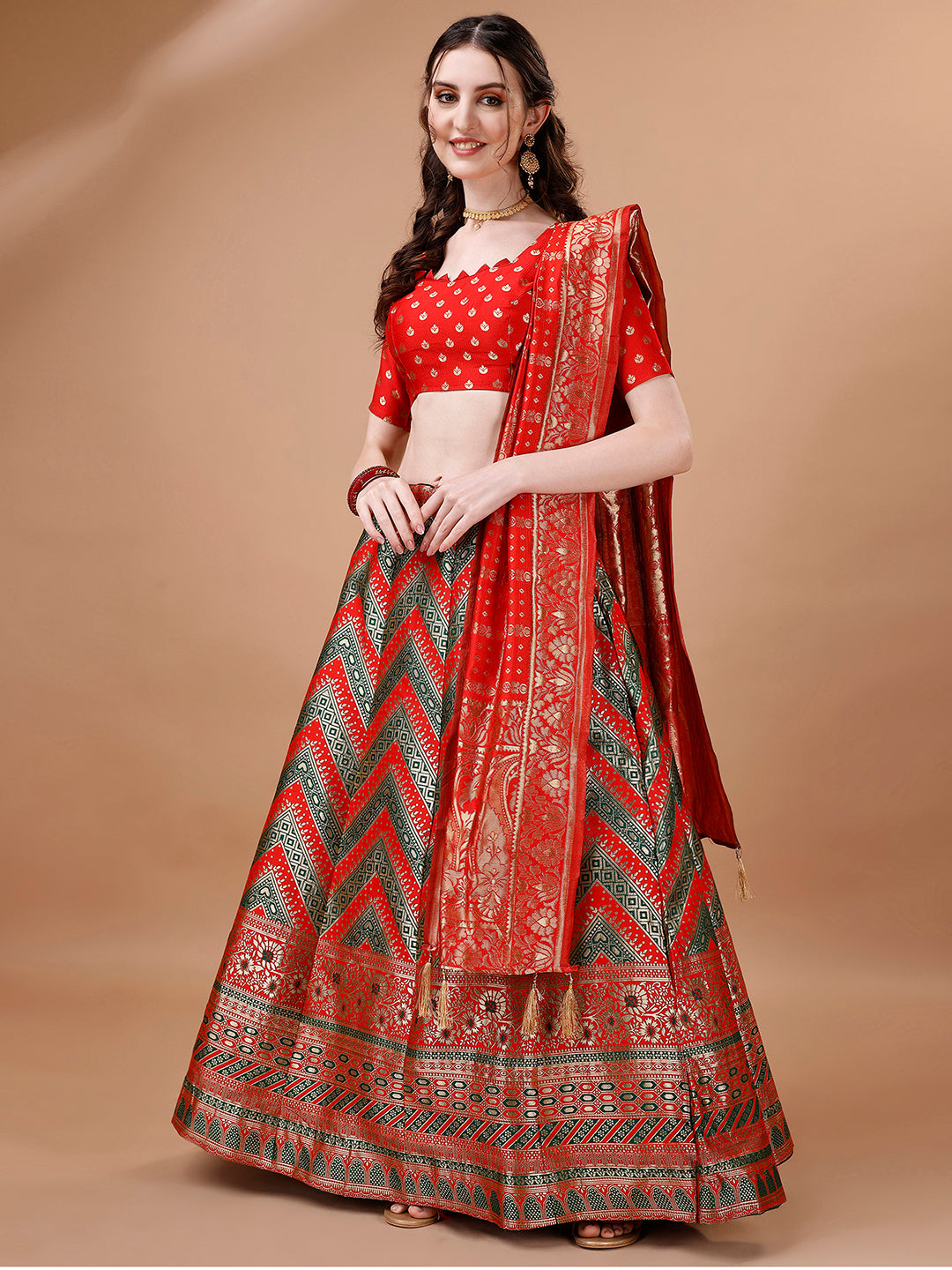Lorenvalley Fashion Green & Red Semi-Stitched Lehenga & Unstitched Blouse With Dupatta - Distacart