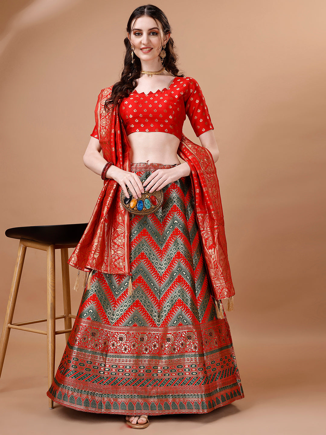 Lorenvalley Fashion Green & Red Semi-Stitched Lehenga & Unstitched Blouse With Dupatta - Distacart