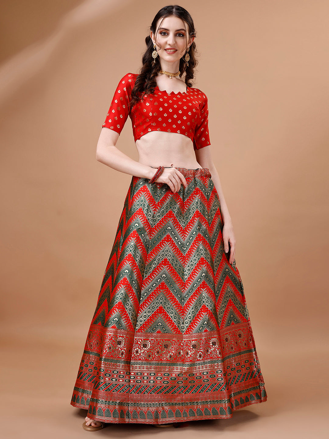 Lorenvalley Fashion Green & Red Semi-Stitched Lehenga & Unstitched Blouse With Dupatta - Distacart