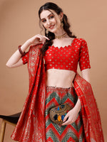 Thumbnail for Lorenvalley Fashion Green & Red Semi-Stitched Lehenga & Unstitched Blouse With Dupatta - Distacart