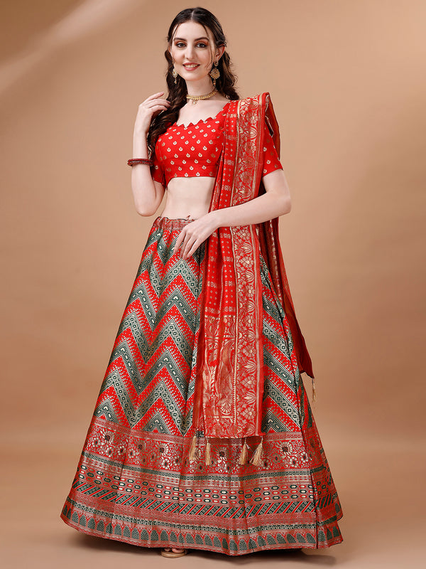 Lorenvalley Fashion Green & Red Semi-Stitched Lehenga & Unstitched Blouse With Dupatta - Distacart