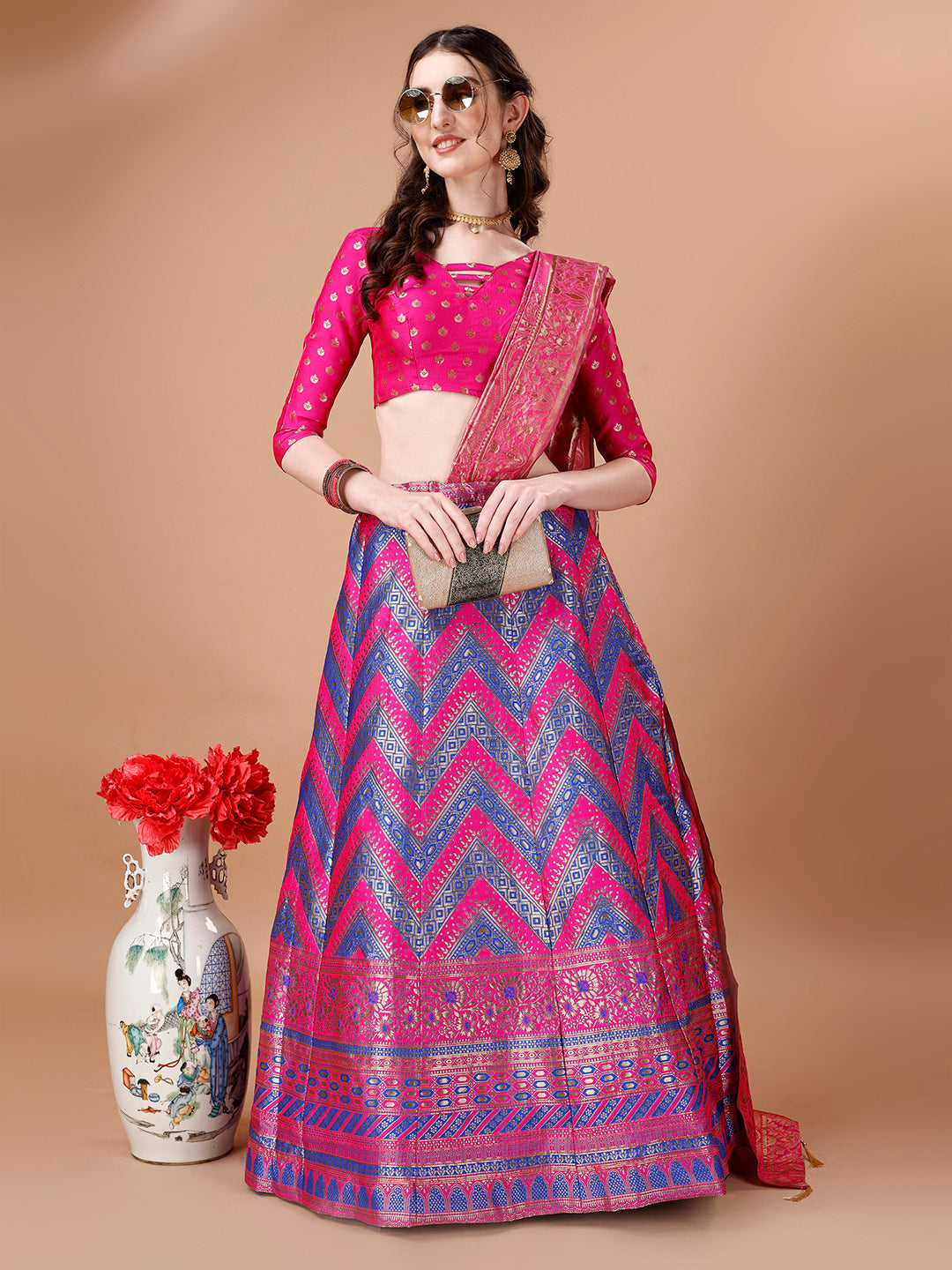 Lorenvalley Fashion Purple & Pink Semi-Stitched Lehenga & Unstitched Blouse With Dupatta - Distacart