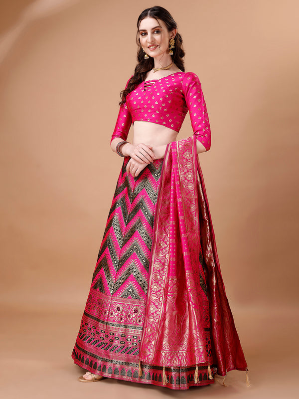 Lorenvalley Fashion Black & Pink Semi-Stitched Lehenga & Unstitched Blouse With Dupatta - Distacart