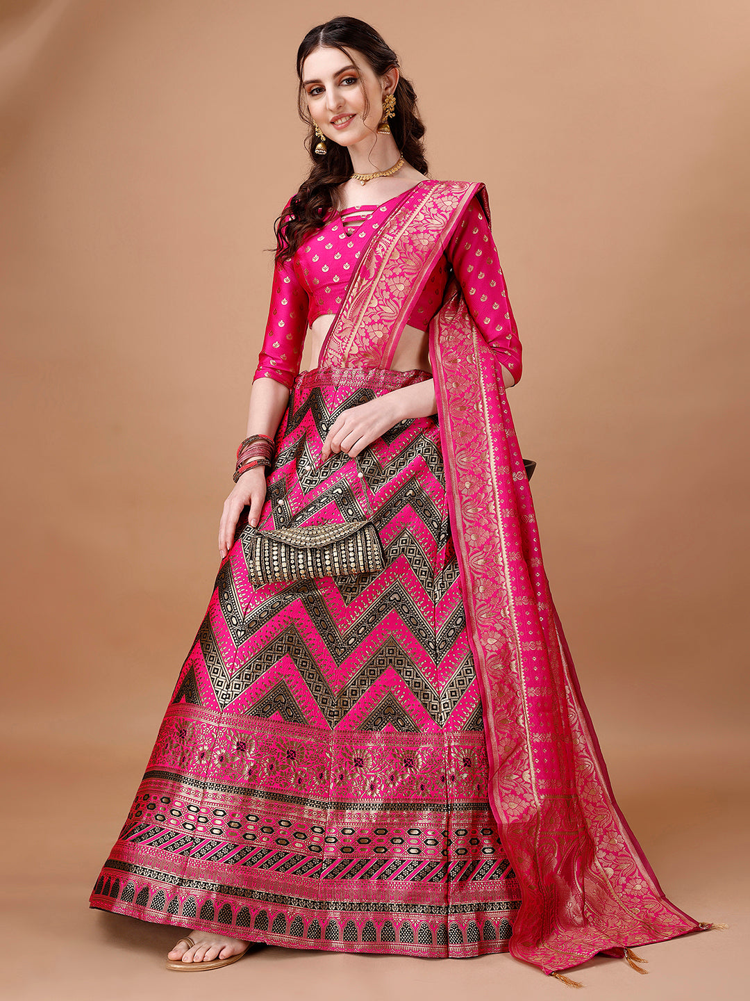 Lorenvalley Fashion Black & Pink Semi-Stitched Lehenga & Unstitched Blouse With Dupatta - Distacart