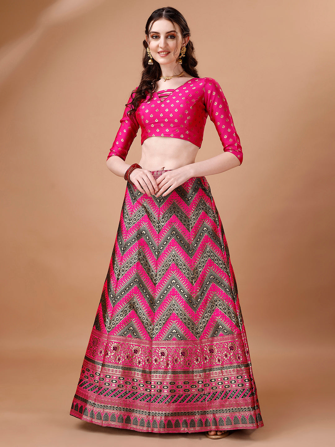 Lorenvalley Fashion Black & Pink Semi-Stitched Lehenga & Unstitched Blouse With Dupatta - Distacart