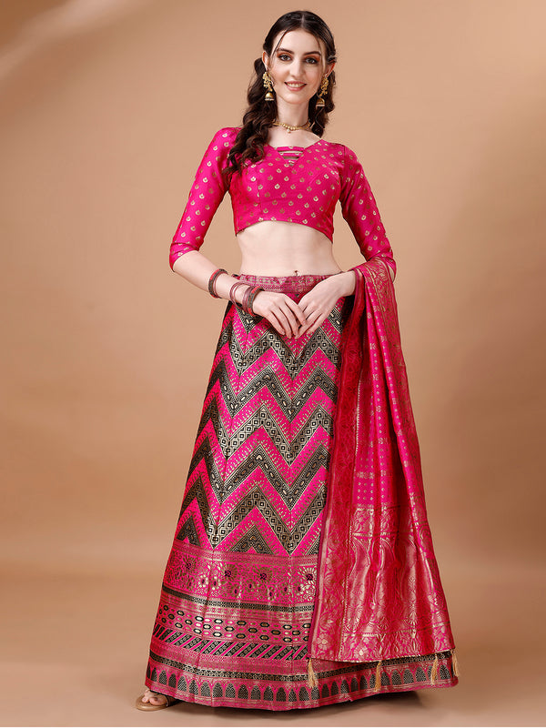 Lorenvalley Fashion Black & Pink Semi-Stitched Lehenga & Unstitched Blouse With Dupatta - Distacart
