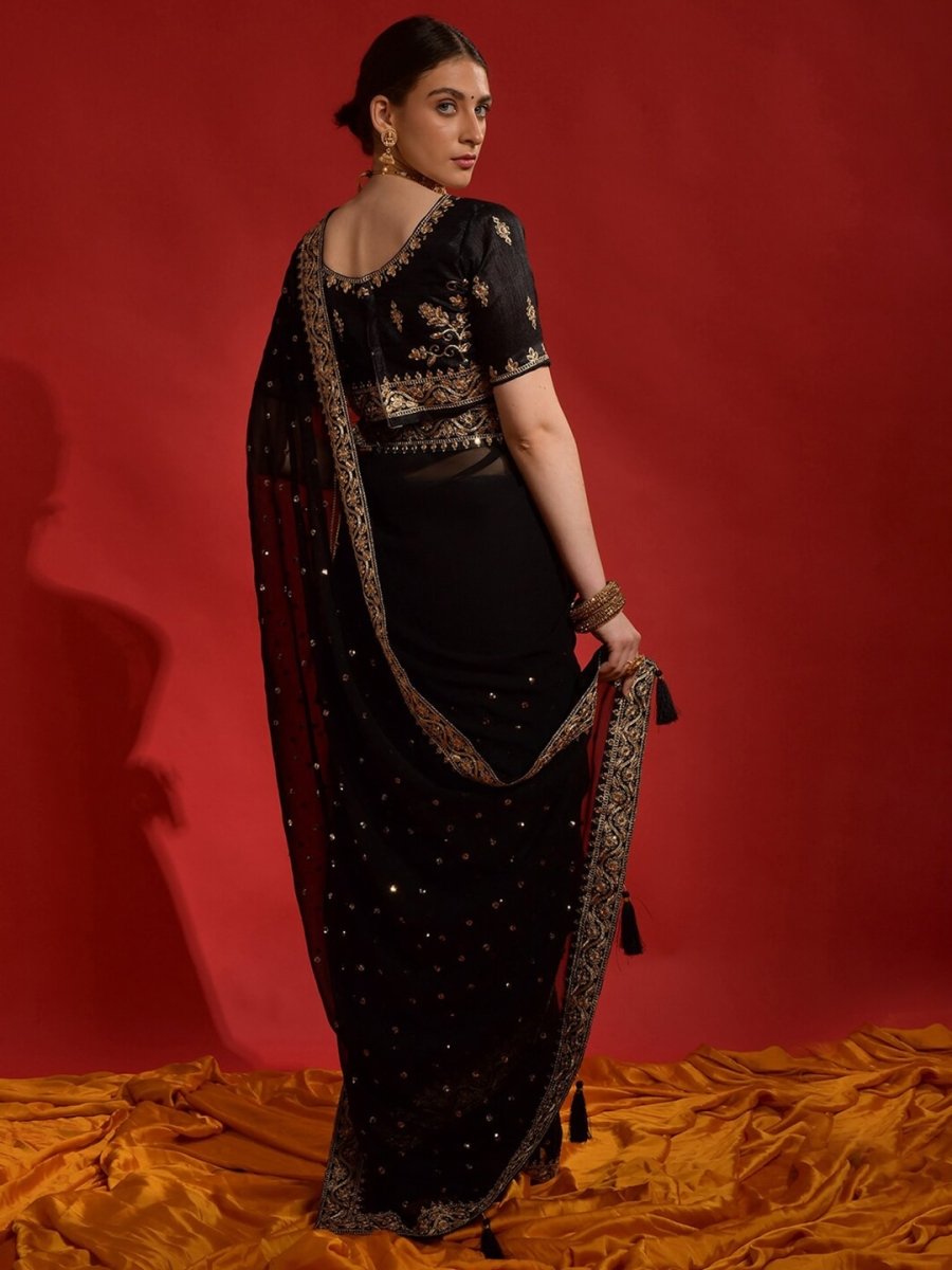 Anouk Black & Gold-Toned Embellished Embroidered Pure Georgette Saree - Distacart