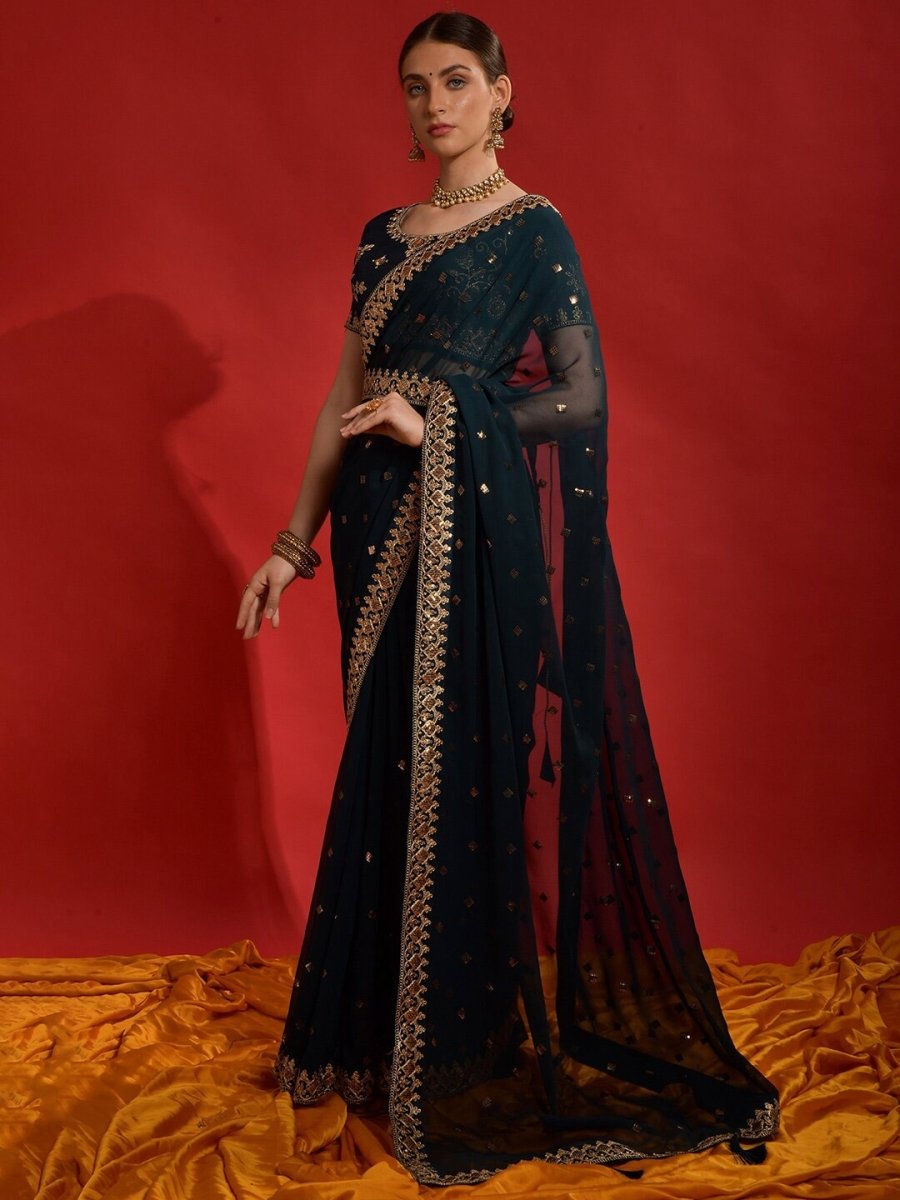 Anouk Teal & Gold-Toned Embellished Embroidered Pure Georgette Saree - Distacart