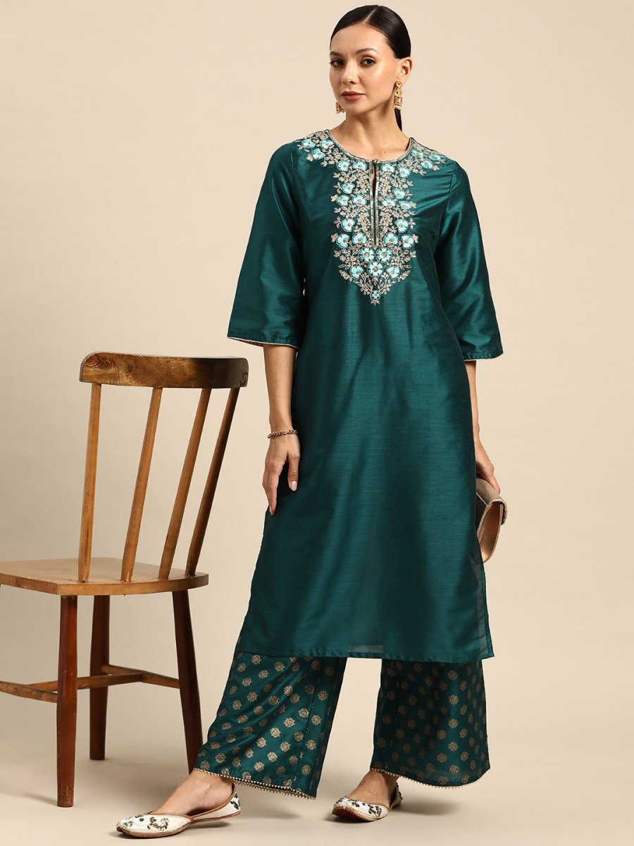 All About You Ethnic Motifs Embroidered Yoke Design Regular Sequinned Kurta with Palazzos - Distacart