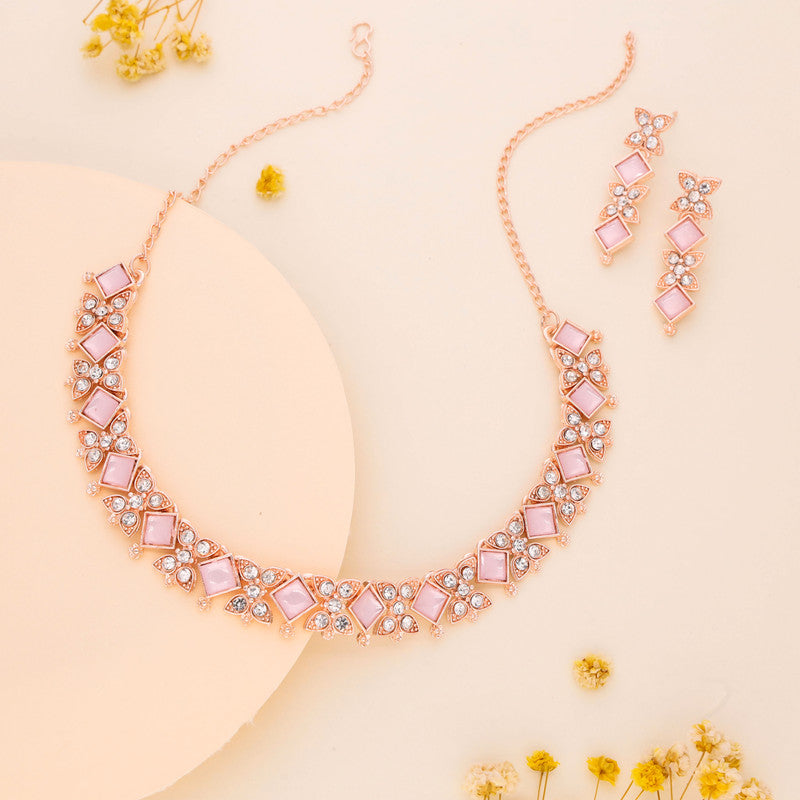 Tehzeeb Creations Rose Gold-Polished Baby Pink Choker Necklace With Dangle Earrings - Distacart