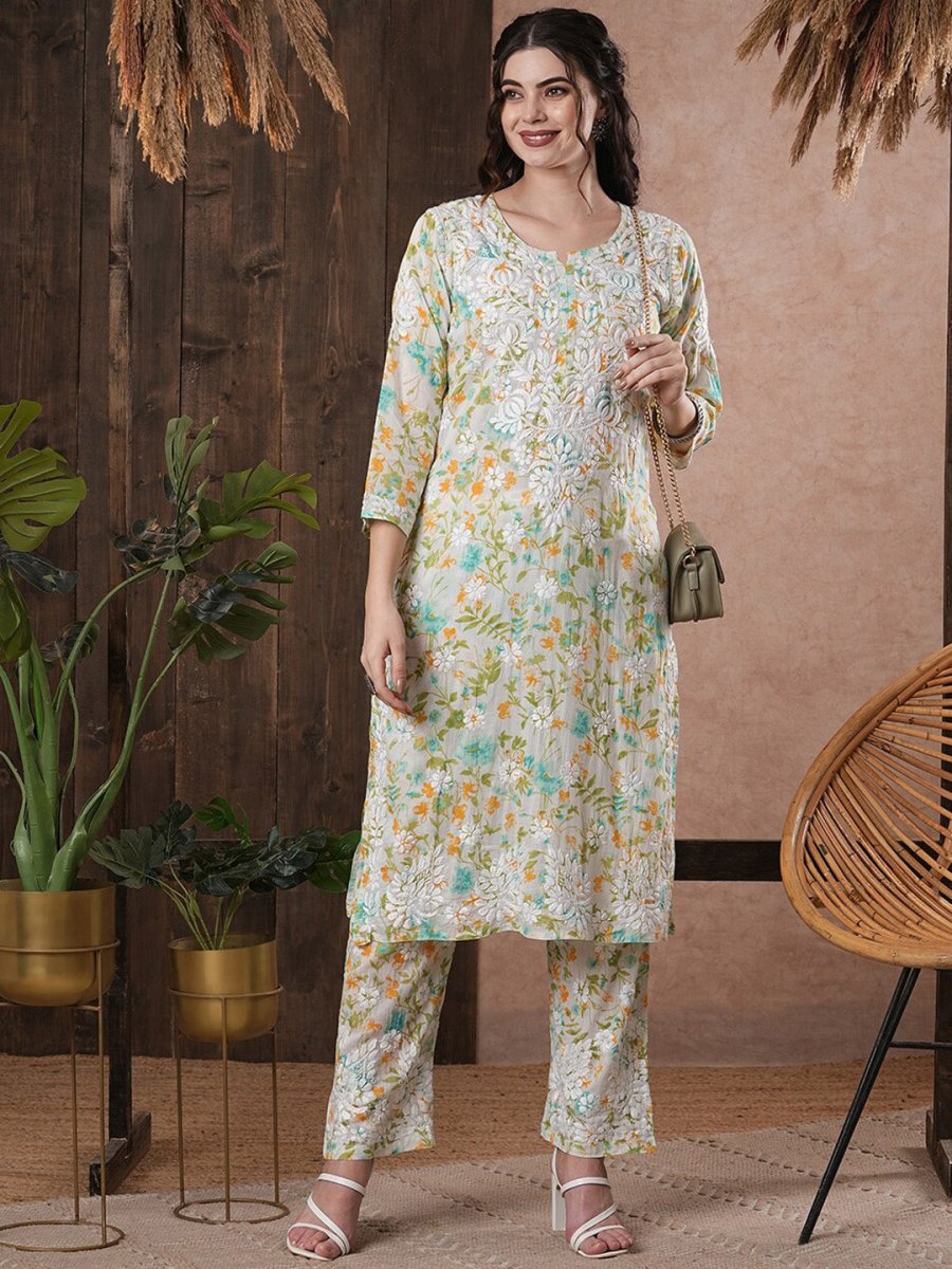 ADA Floral Printed Round Neck Regular Lucknowi Chikankari Kurta with Trousers - Distacart