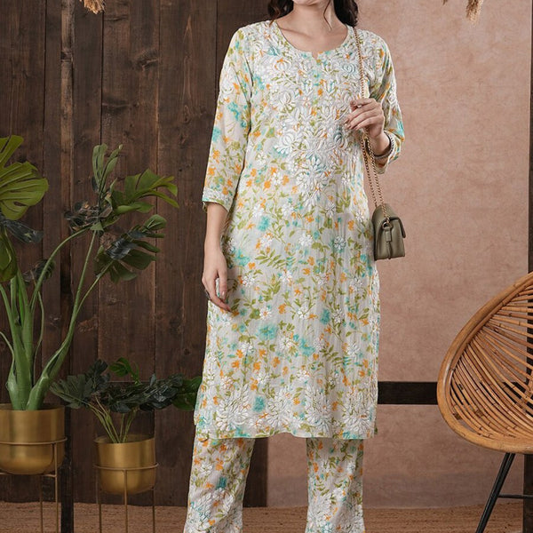 ADA Floral Printed Round Neck Regular Lucknowi Chikankari Kurta with Trousers - Distacart
