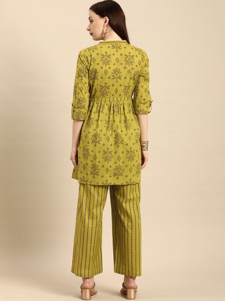 All About You Women Green Printed Pure Cotton Kurti with Palazzos - Distacart