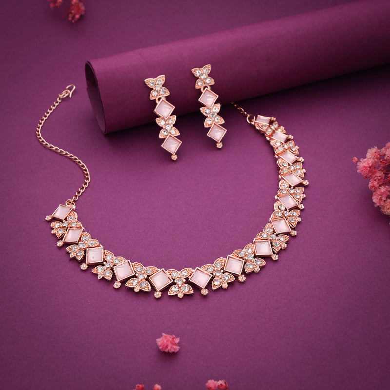 Tehzeeb Creations Rose Gold-Polished Baby Pink Choker Necklace With Dangle Earrings - Distacart