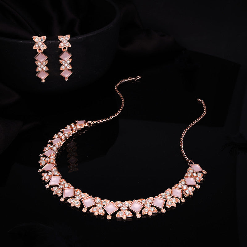 Tehzeeb Creations Rose Gold-Polished Baby Pink Choker Necklace With Dangle Earrings - Distacart