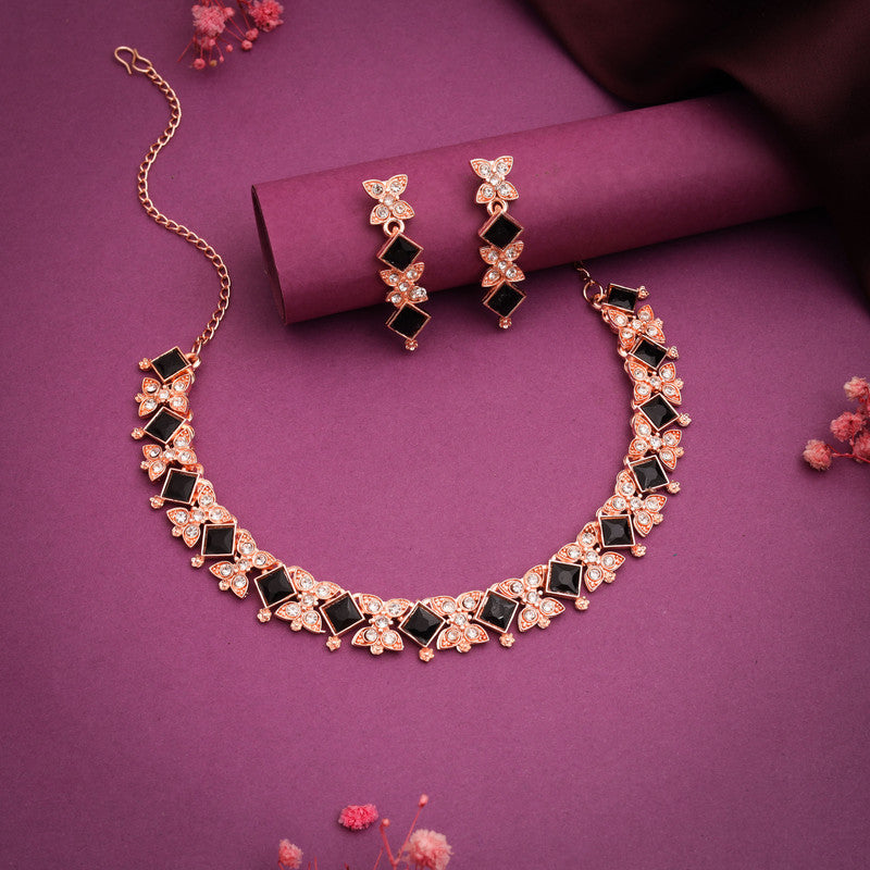 Tehzeeb Creations Rose Gold-Polished Black Choker Necklace With Dangle Earrings - Distacart