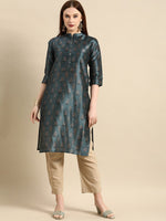 Thumbnail for All About You Women Teal Blue Floral Block Print Mandarin Collar Chanderi Silk Blend Kurta - Distacart