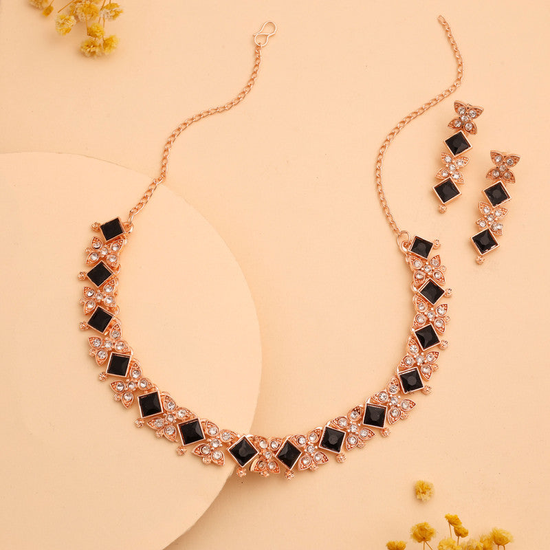 Tehzeeb Creations Rose Gold-Polished Black Choker Necklace With Dangle Earrings - Distacart