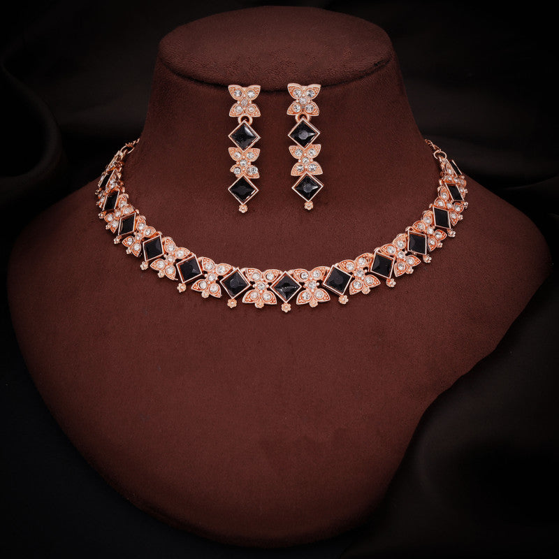 Tehzeeb Creations Rose Gold-Polished Black Choker Necklace With Dangle Earrings - Distacart