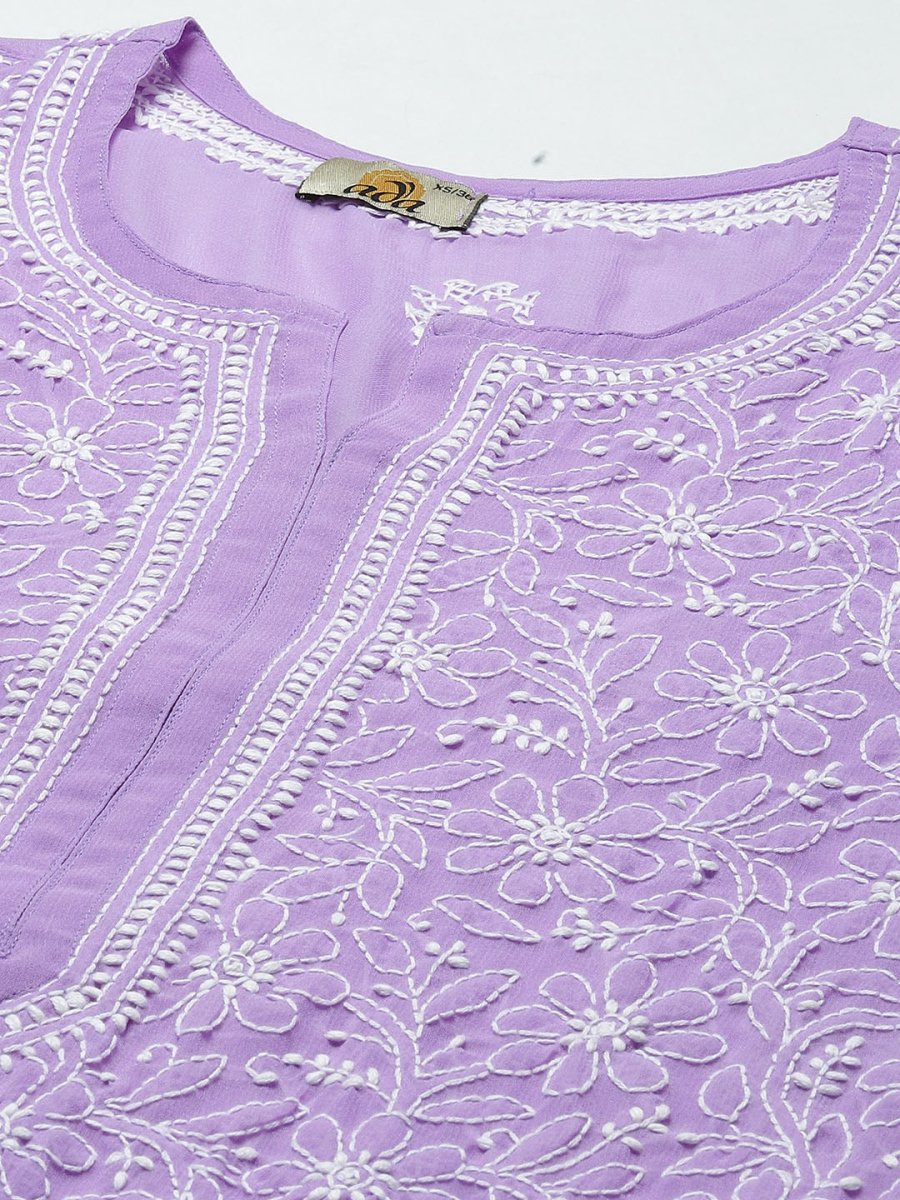ADA Women Purple & White Ethnic Motifs Embroidered Chikankari Georgette Kurta - Distacart