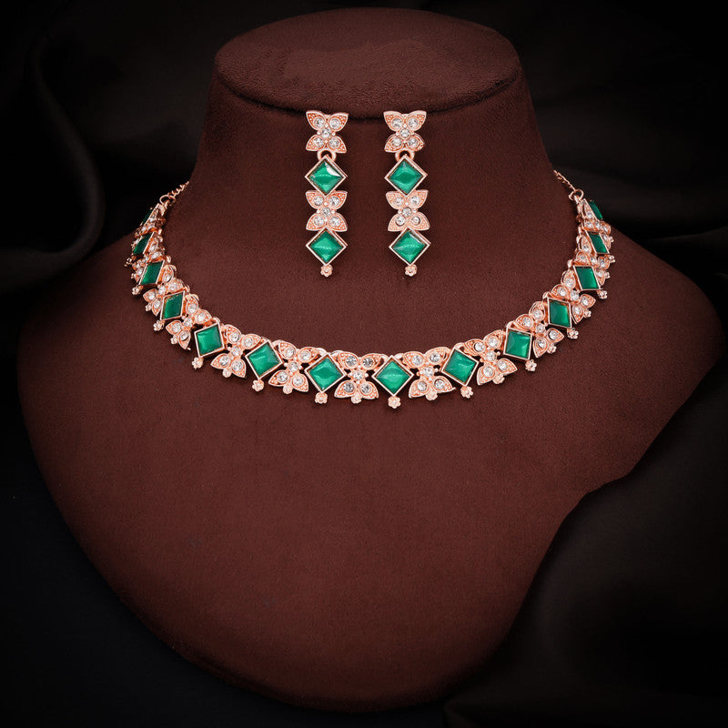 Tehzeeb Creations Rose Gold-Polished Green Choker Necklace With Dangle Earrings - Distacart