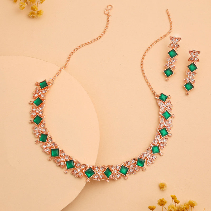 Tehzeeb Creations Rose Gold-Polished Green Choker Necklace With Dangle Earrings - Distacart